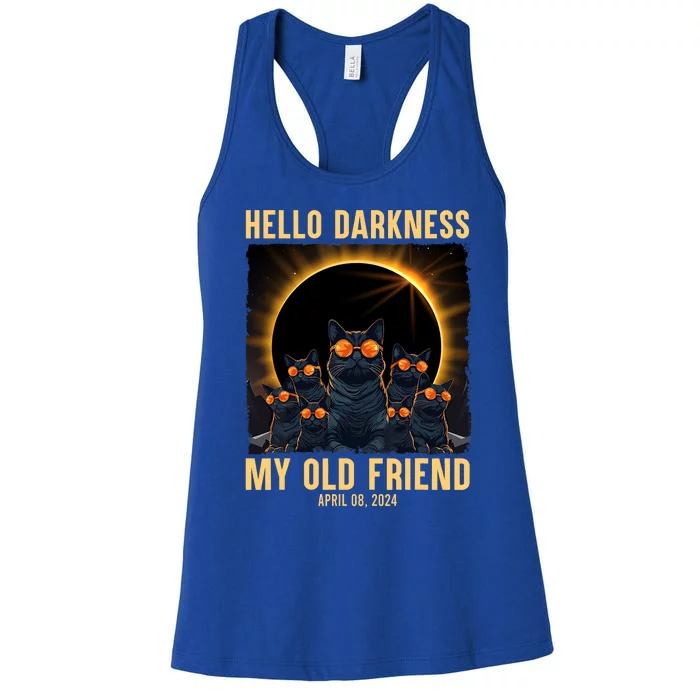 Hello Darkness My Old Friend Solar Eclipse April 08 2024 Funny Cat Women's Racerback Tank