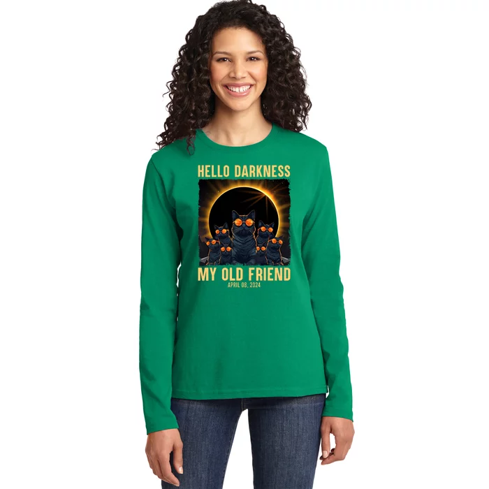 Hello Darkness My Old Friend Solar Eclipse April 08 2024 Funny Cat Ladies Long Sleeve Shirt