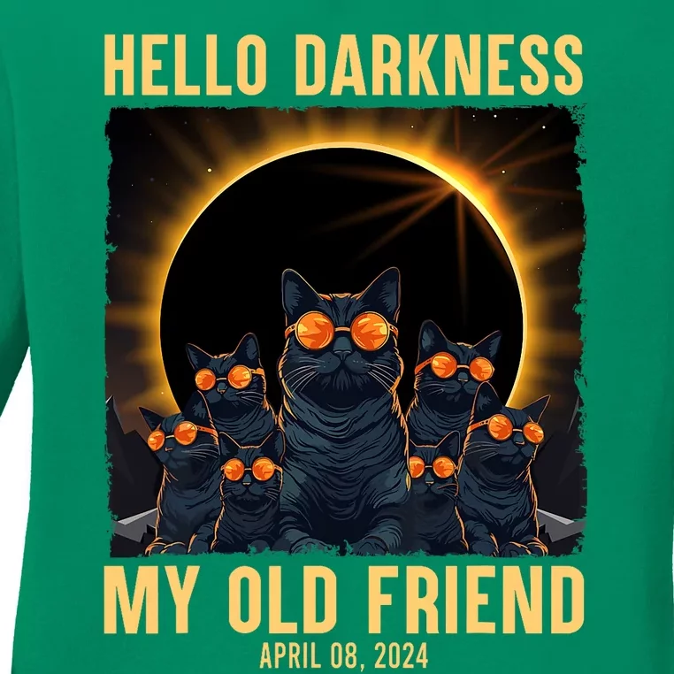 Hello Darkness My Old Friend Solar Eclipse April 08 2024 Funny Cat Ladies Long Sleeve Shirt