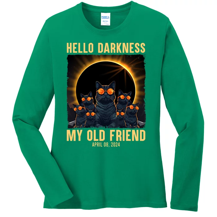 Hello Darkness My Old Friend Solar Eclipse April 08 2024 Funny Cat Ladies Long Sleeve Shirt