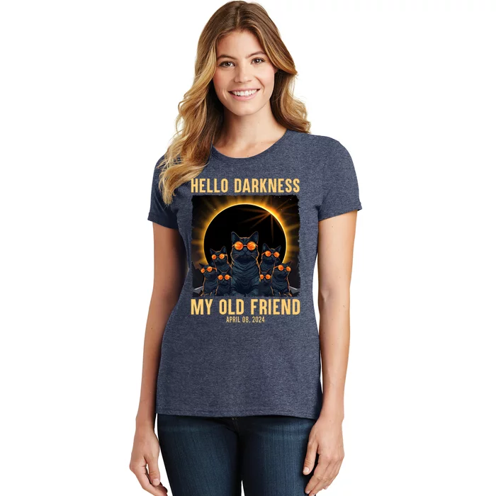 Hello Darkness My Old Friend Solar Eclipse April 08 2024 Funny Cat Women's T-Shirt