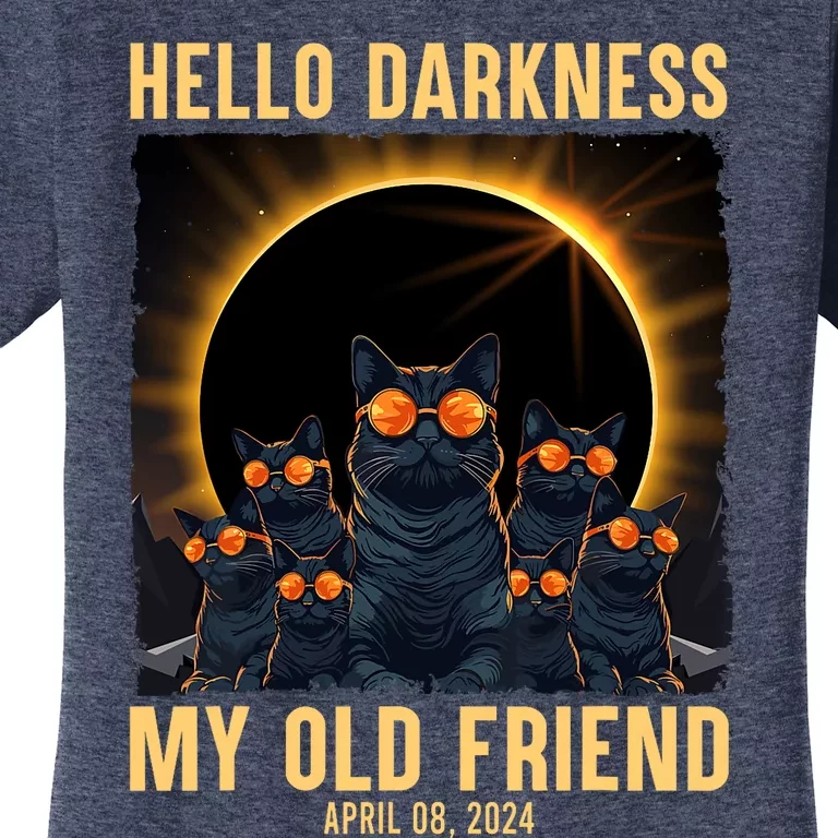 Hello Darkness My Old Friend Solar Eclipse April 08 2024 Funny Cat Women's T-Shirt