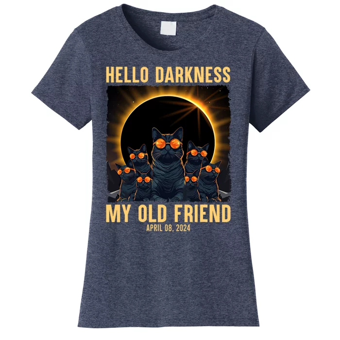 Hello Darkness My Old Friend Solar Eclipse April 08 2024 Funny Cat Women's T-Shirt