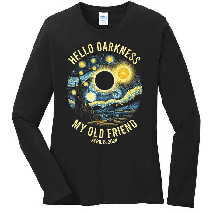 Hello Darkness My Old Friend Solar Eclipse April 8 2024 Vintage Design Ladies Long Sleeve Shirt