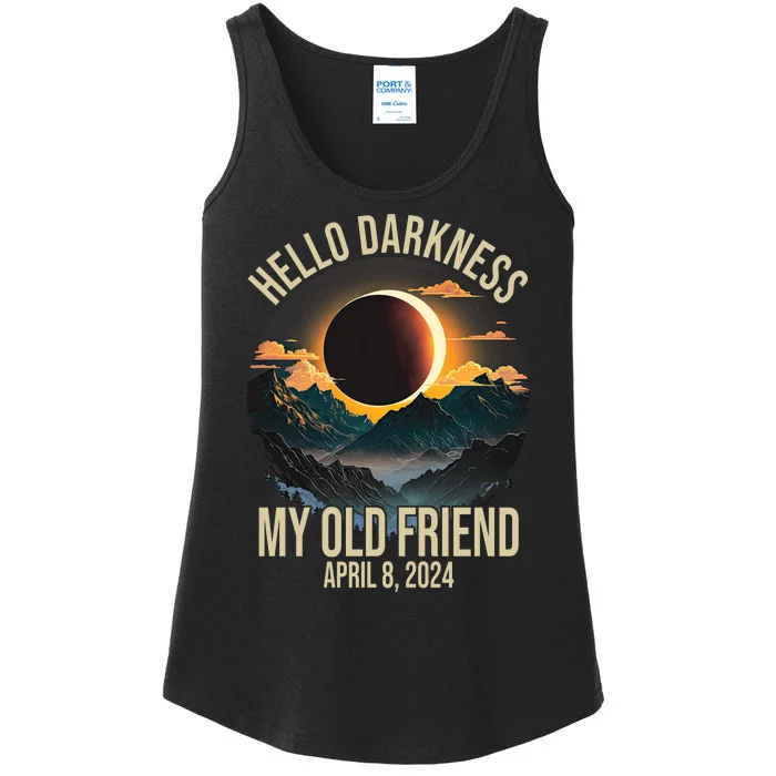 Hello Darkness My Old Friend Solar Eclipse April 08 2024 Ladies Essential Tank