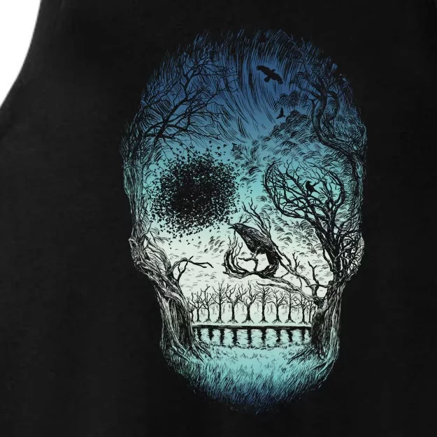 Halloween Dark Nature Forest Skull Ladies Tri-Blend Wicking Tank