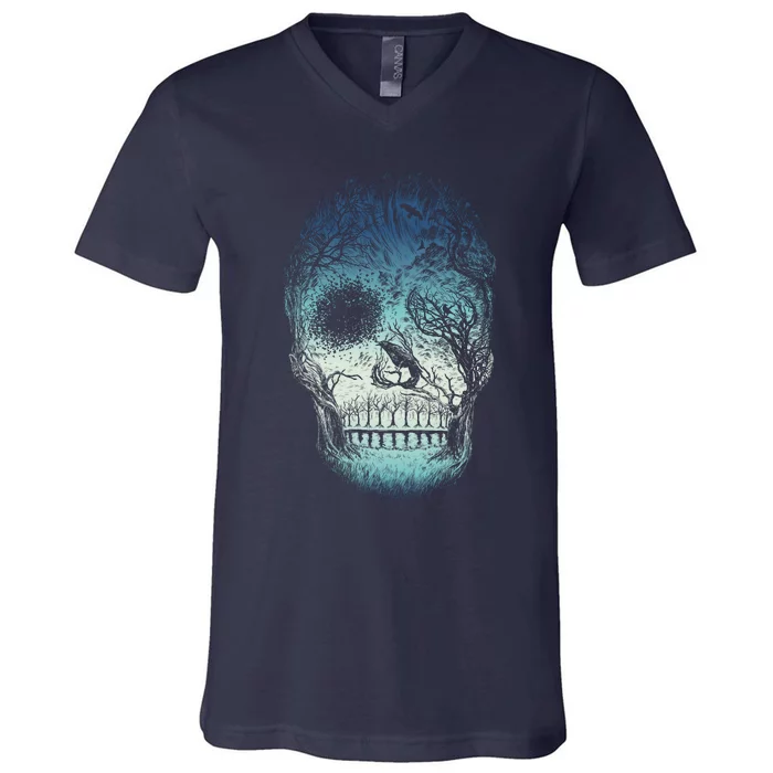 Halloween Dark Nature Forest Skull V-Neck T-Shirt