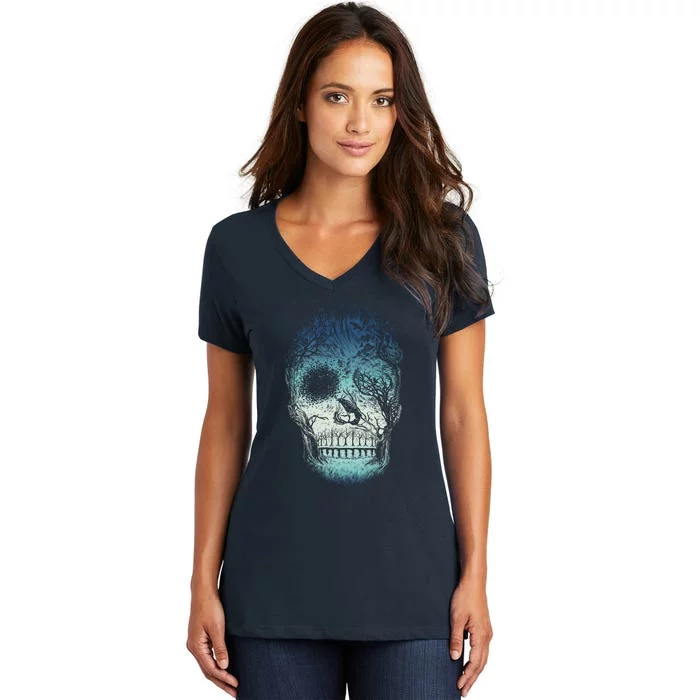 Halloween Dark Nature Forest Skull Women's V-Neck T-Shirt