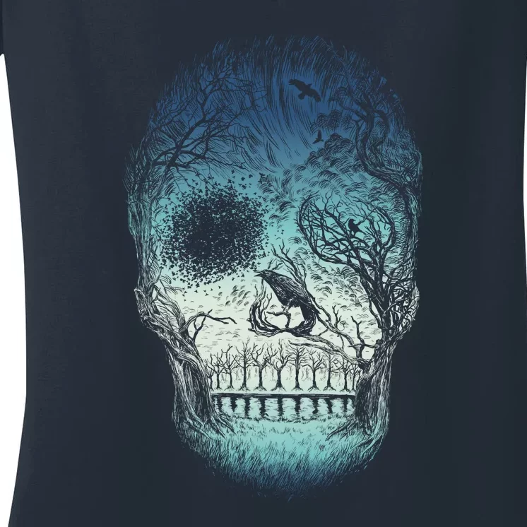 Halloween Dark Nature Forest Skull Women's V-Neck T-Shirt