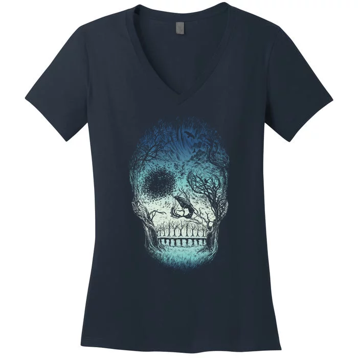 Halloween Dark Nature Forest Skull Women's V-Neck T-Shirt