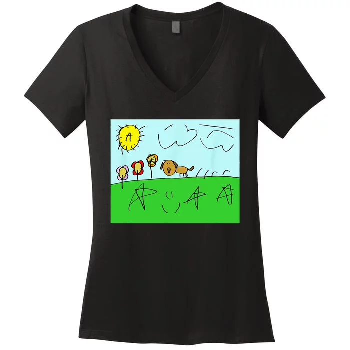 Happy Dog Outside On Some Grass Women's V-Neck T-Shirt