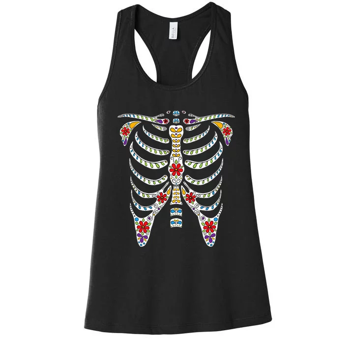 Halloween Day Of Dead Skeleton Flowers Decorated Women's Racerback Tank