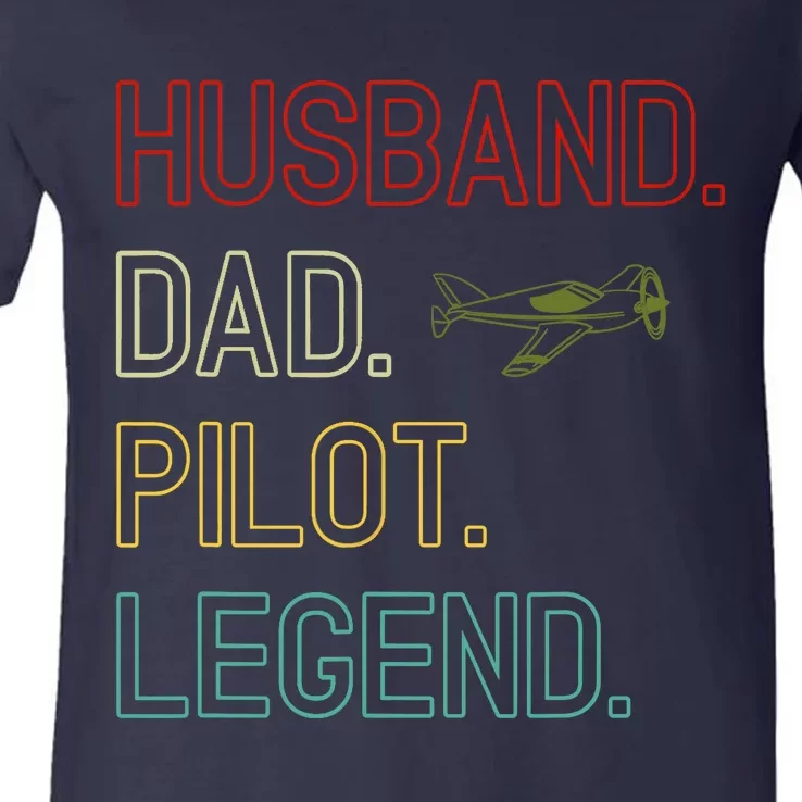 Husband Dad Pilot Legend Retro Pilot Dad V-Neck T-Shirt