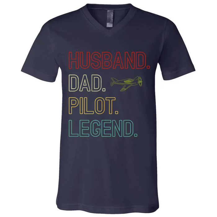 Husband Dad Pilot Legend Retro Pilot Dad V-Neck T-Shirt