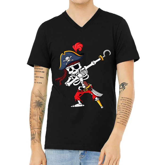 Halloween Dabbing Pirate Skeleton Funny Dab V-Neck T-Shirt