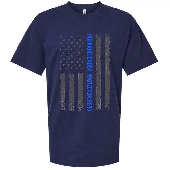 Husband Daddy Protector Hero Fathers Day Thin Blue Line Flag Sueded Cloud Jersey T-Shirt