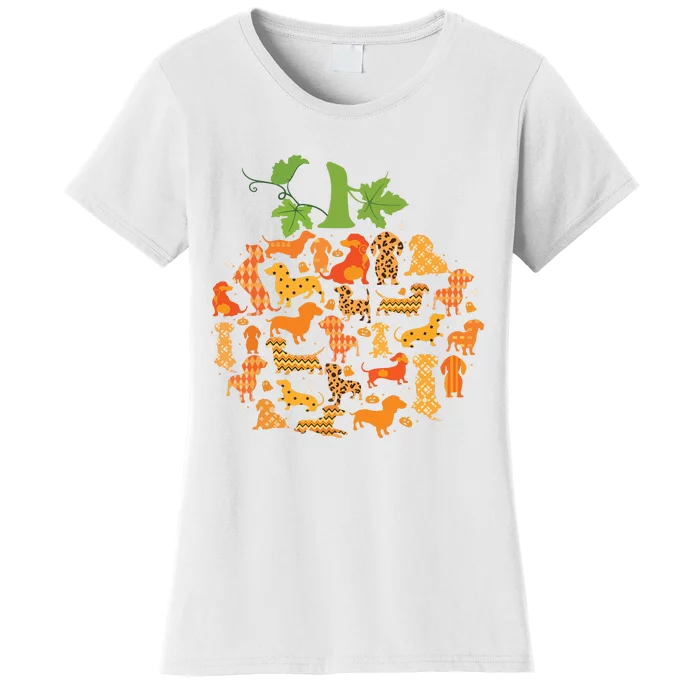 Halloween Dachshund Pumpkin Plaid Leopard Dog Lover Autumn Women's T-Shirt