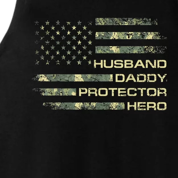 Husband Daddy Protector Hero Fathers Day Camo American Flag Ladies Tri-Blend Wicking Tank