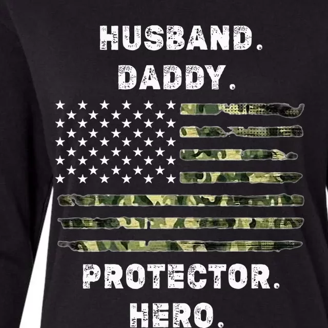 Husband Daddy Protector Hero Fathers Day Camo American Flag Womens Cotton Relaxed Long Sleeve T-Shirt