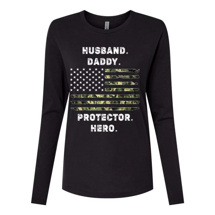 Husband Daddy Protector Hero Fathers Day Camo American Flag Womens Cotton Relaxed Long Sleeve T-Shirt