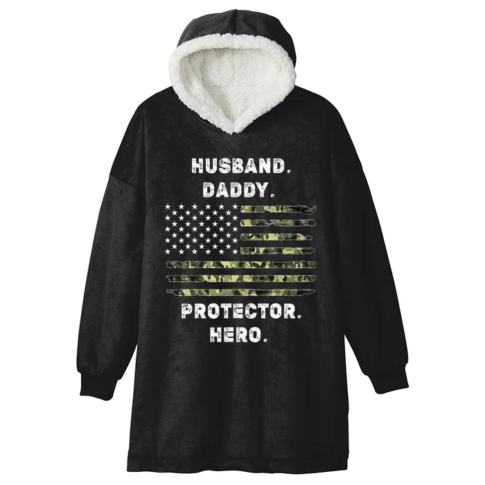 Husband Daddy Protector Hero Fathers Day Camo American Flag Hooded Wearable Blanket