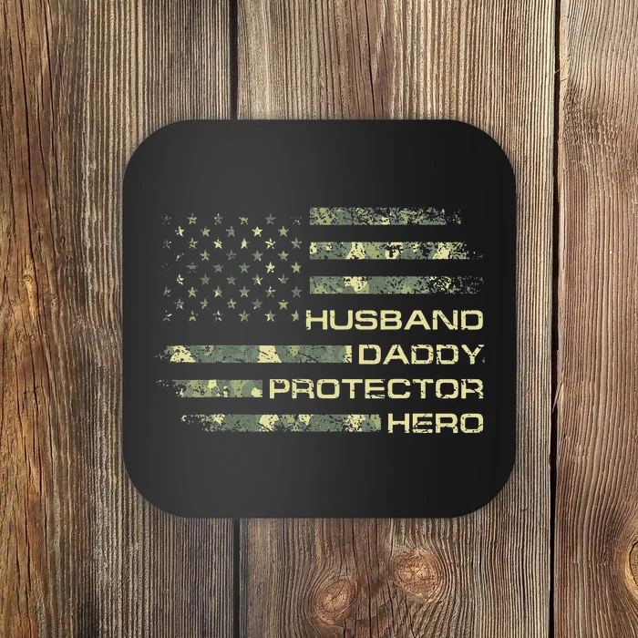 Husband Daddy Protector Hero Fathers Day Camo American Flag Coaster