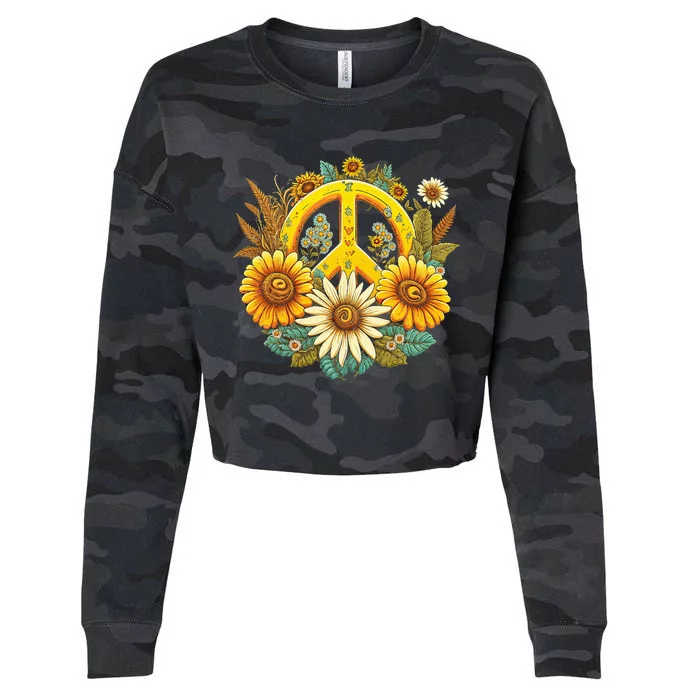 Hippie Daisy Peace Sign Retro Flower Sunflower Lovers Cropped Pullover Crew