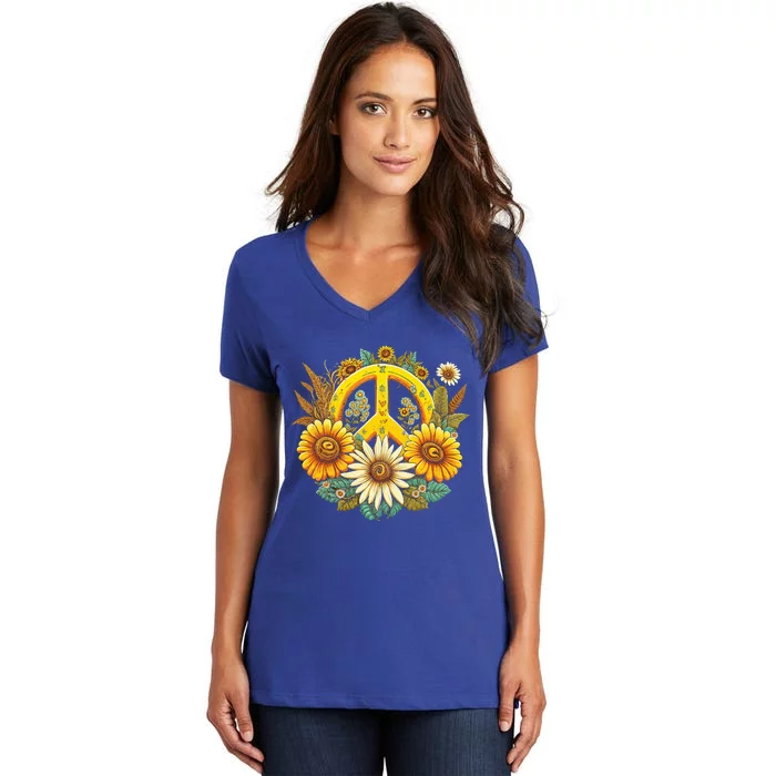 Hippie Daisy Peace Sign Retro Flower Sunflower Lovers Women's V-Neck T-Shirt