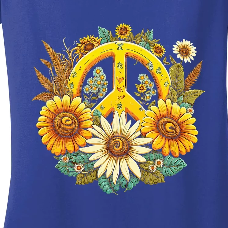 Hippie Daisy Peace Sign Retro Flower Sunflower Lovers Women's V-Neck T-Shirt