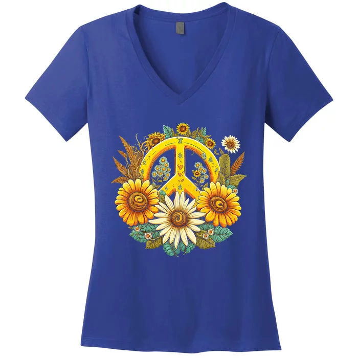 Hippie Daisy Peace Sign Retro Flower Sunflower Lovers Women's V-Neck T-Shirt