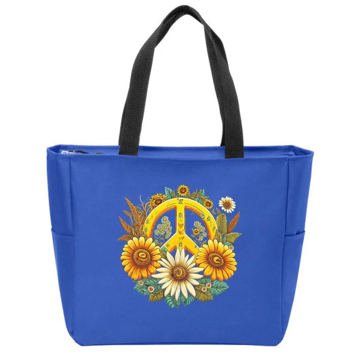 Hippie Daisy Peace Sign Retro Flower Sunflower Lovers Zip Tote Bag