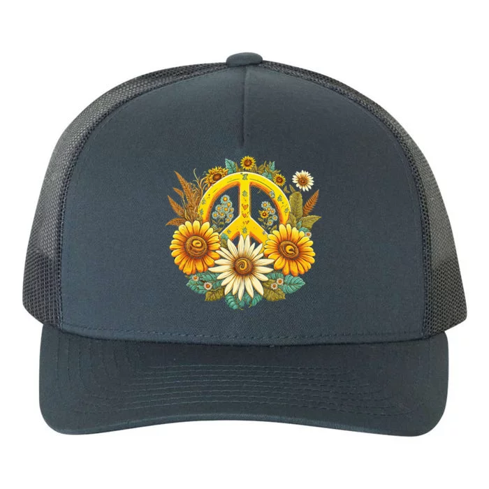 Hippie Daisy Peace Sign Retro Flower Sunflower Lovers Yupoong Adult 5-Panel Trucker Hat