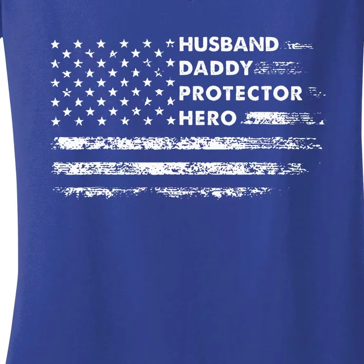 Husband Daddy Protector Hero Fathers Day Gift For Dad Wife Women's V-Neck T-Shirt