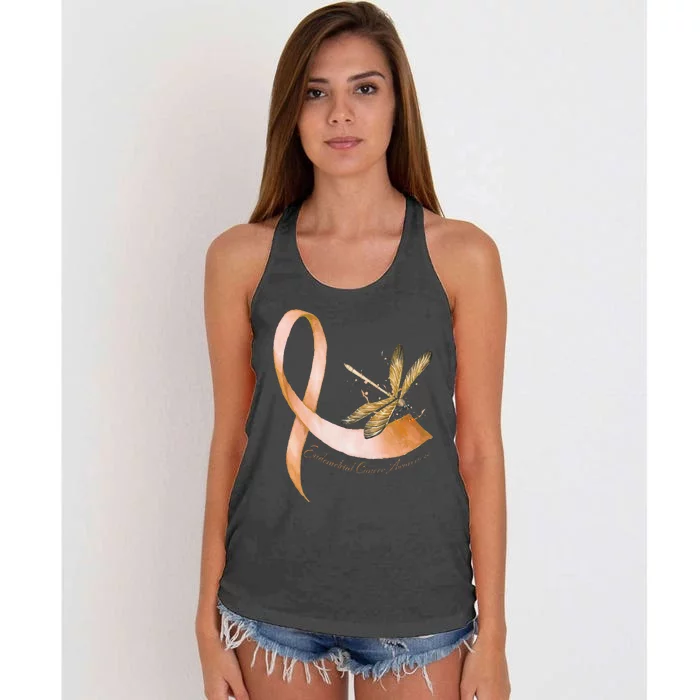 Hippie Dragonfly Peach Ribbon Endometrial Cancer Awareness Women's Knotted Racerback Tank