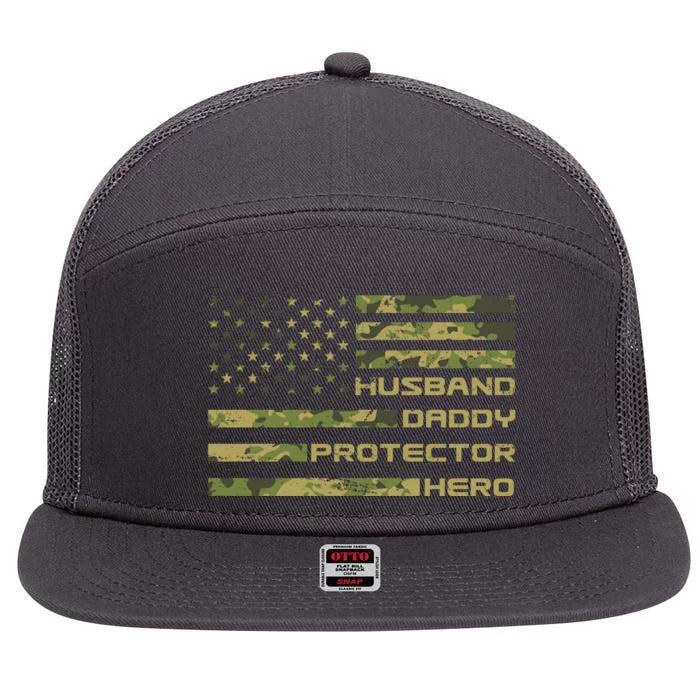 Husband Daddy Protector Hero Camouflage Usa Flag 7 Panel Mesh Trucker Snapback Hat