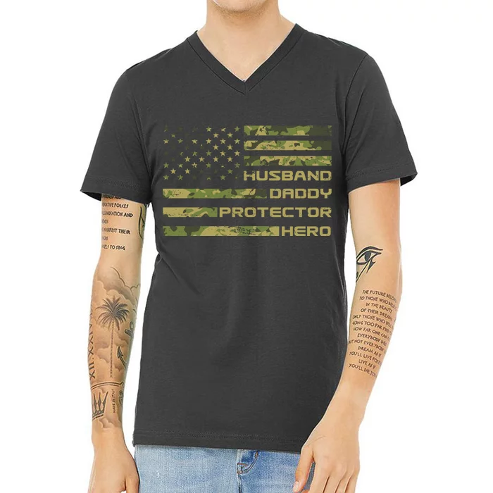 Husband Daddy Protector Hero Camouflage Usa Flag V-Neck T-Shirt