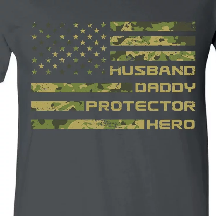 Husband Daddy Protector Hero Camouflage Usa Flag V-Neck T-Shirt