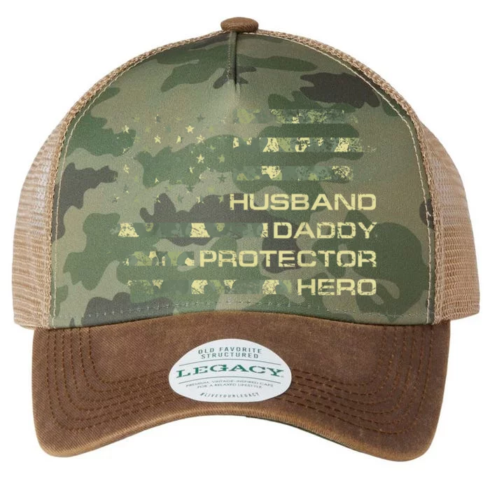 Husband Daddy Protector Hero Fathers Day Camo American Flag Legacy Tie Dye Trucker Hat