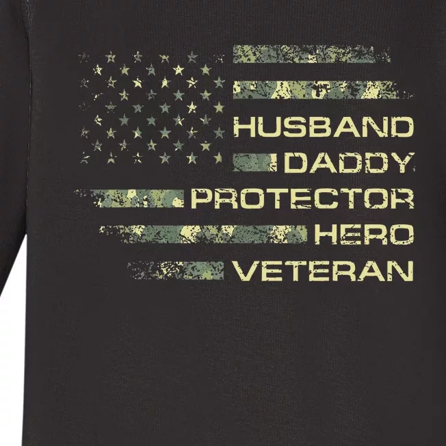 Husband Daddy Protector Hero Veteran USA Flag Camouflage Dad Baby Long Sleeve Bodysuit