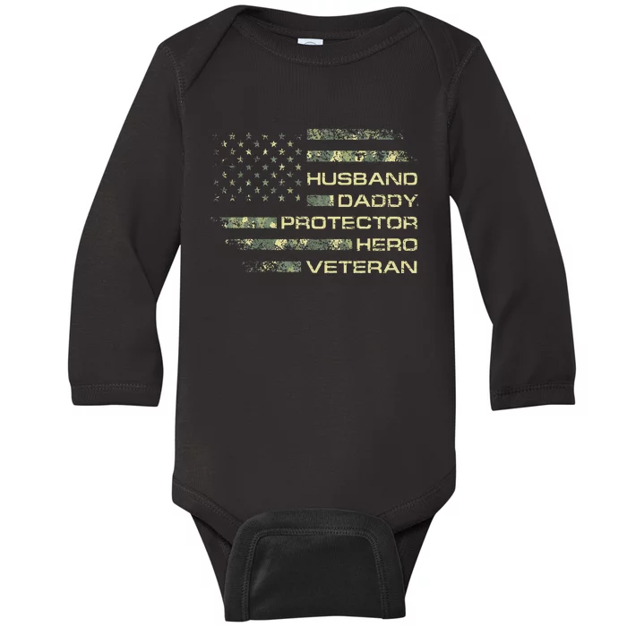 Husband Daddy Protector Hero Veteran USA Flag Camouflage Dad Baby Long Sleeve Bodysuit