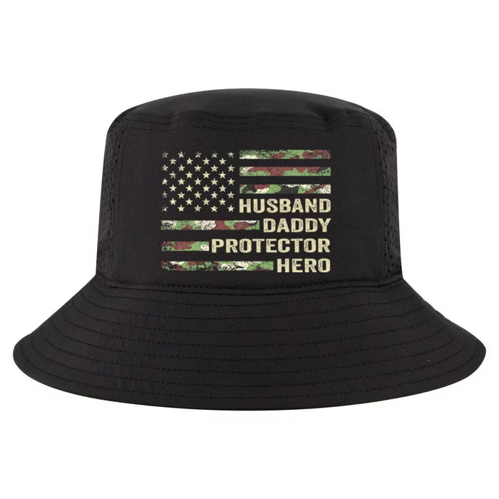 Husband Daddy Protector Hero Fathers Day Camo American Flag Cool Comfort Performance Bucket Hat