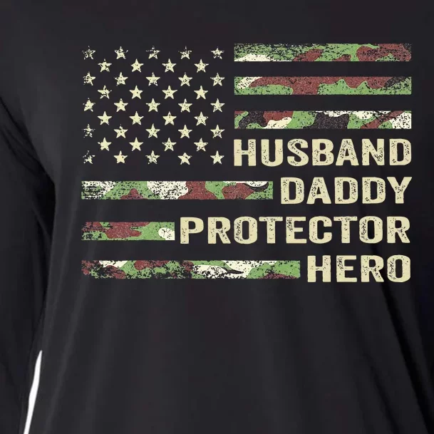 Husband Daddy Protector Hero Fathers Day Camo American Flag Cooling Performance Long Sleeve Crew