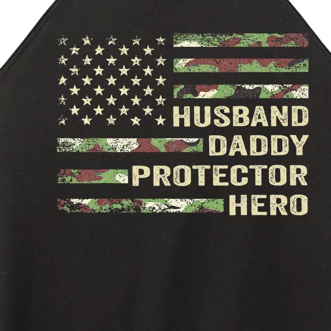 Husband Daddy Protector Hero Fathers Day Camo American Flag Women’s Perfect Tri Rocker Tank