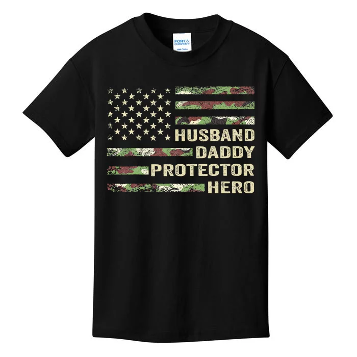 Husband Daddy Protector Hero Fathers Day Camo American Flag Kids T-Shirt