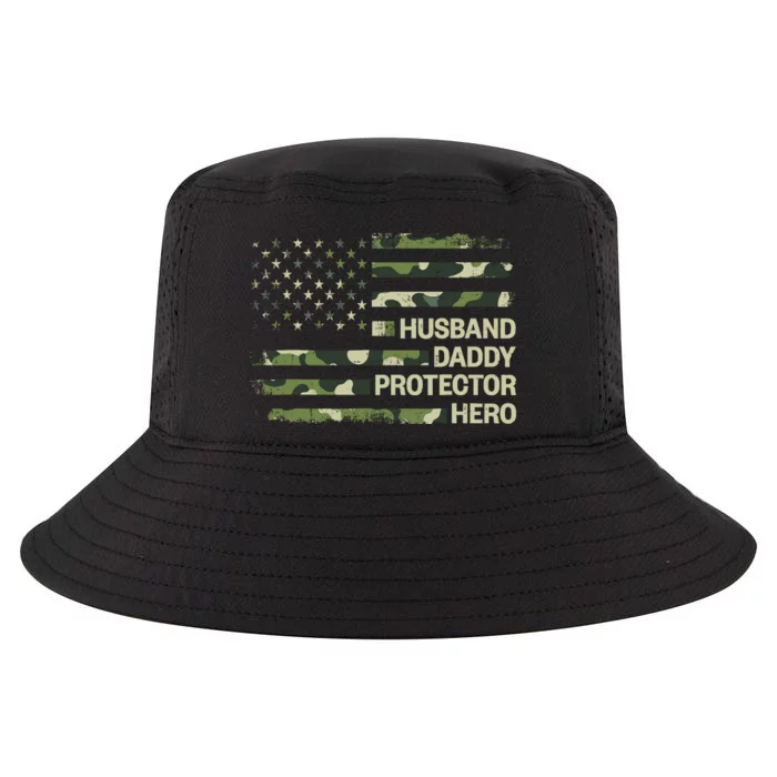 Husband Daddy Protector Hero Camouflage Flag Dad Fathers Day Cool Comfort Performance Bucket Hat