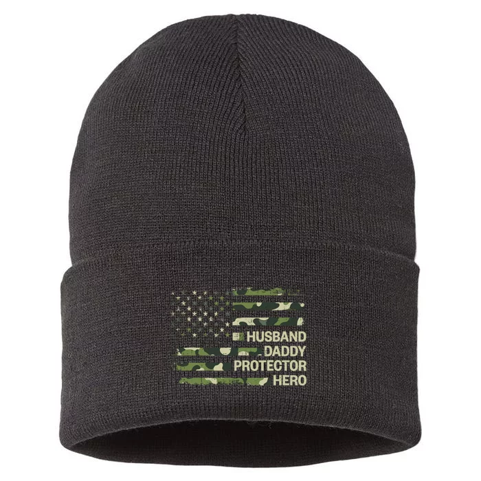 Husband Daddy Protector Hero Camouflage Flag Dad Fathers Day Sustainable Knit Beanie