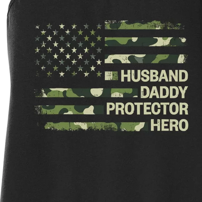 Husband Daddy Protector Hero Camouflage Flag Dad Fathers Day Women's Racerback Tank