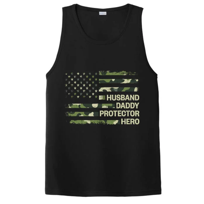 Husband Daddy Protector Hero Camouflage Flag Dad Fathers Day Performance Tank