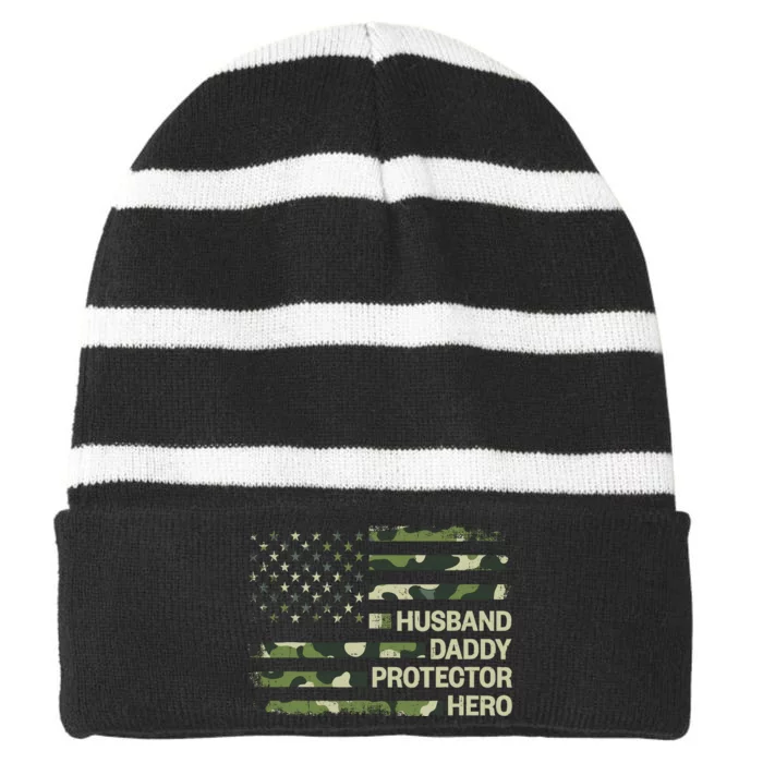 Husband Daddy Protector Hero Camouflage Flag Dad Fathers Day Striped Beanie with Solid Band