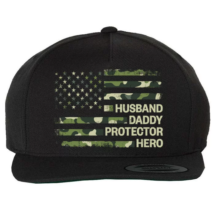 Husband Daddy Protector Hero Camouflage Flag Dad Fathers Day Wool Snapback Cap